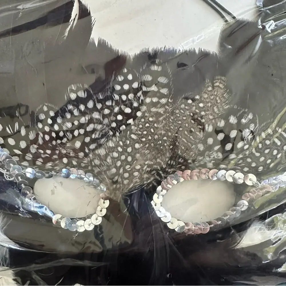 New Vintage 1995 Black Feather Silver Sequin Costume Masquerade Mask